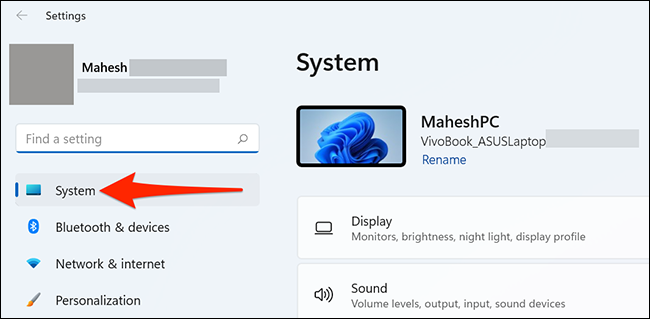 Selecione "Sistema" em Configurações no Windows 11.