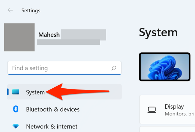 Clique em “Sistema” em Configurações no Windows 11.