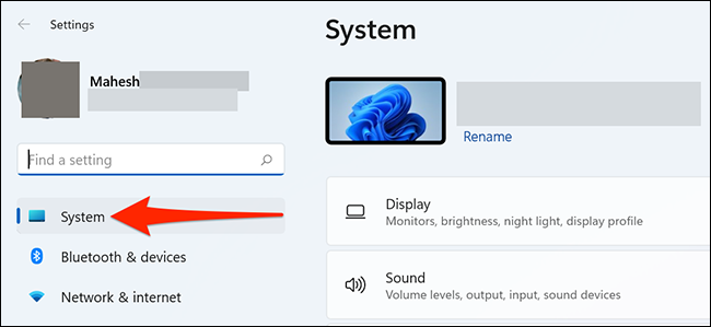 Selecione "Sistema" em Configurações no Windows 11.