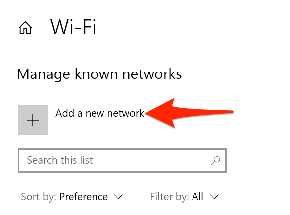 Clique em "Adicionar uma nova rede" na tela "Gerenciar redes conhecidas".