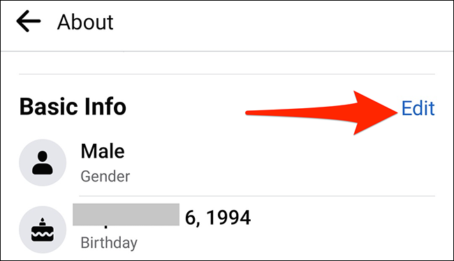 Toque em "Editar" ao lado de "Informações básicas" no aplicativo do Facebook.