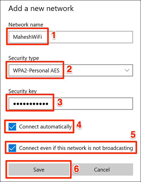 Digite os detalhes ocultos da rede Wi-Fi e clique em “Salvar”.