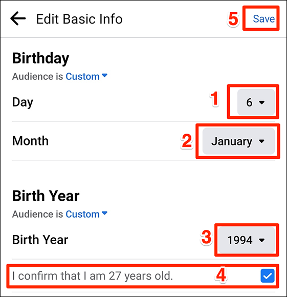 Salve novos detalhes de aniversário no aplicativo do Facebook.