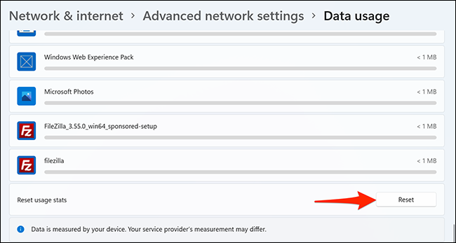 Clique em "Redefinir" para "Redefinir estatísticas de uso" em Configurações no Windows 11.