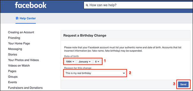 Página da web "Solicitar uma mudança de aniversário" do Facebook.