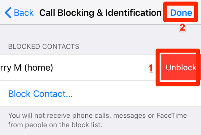Toque em "Desbloquear" e depois em "Concluído" para um contato bloqueado no iPhone.