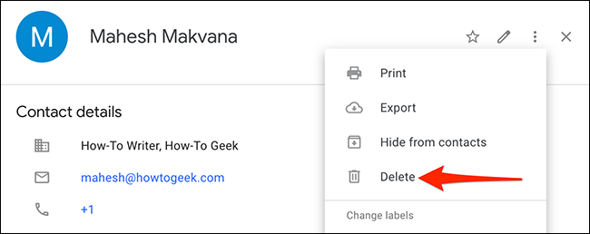 Selecione "Excluir" para excluir um contato dos Contatos do Google.