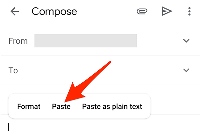 Selecione “Colar” no menu de contexto do Gmail.