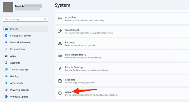 Selecione "Sobre" nas configurações de "Sistema" no Windows 11.