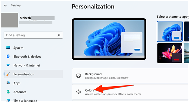 Selecione "Cores" no aplicativo Configurações do Windows 11.