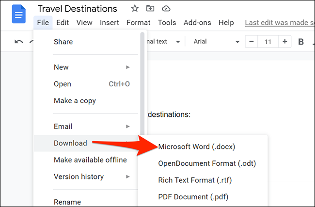 Selecione Arquivo> Baixar> Microsoft Word na barra de menus do Google Docs.