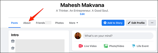 Selecione a guia "Sobre" na página de perfil do Facebook.