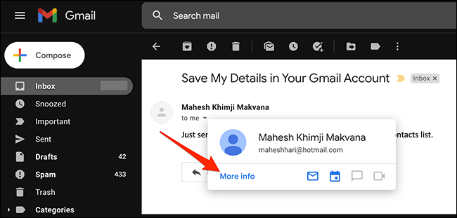 Selecione "Mais informações" no cartão do remetente de um e-mail no Gmail.