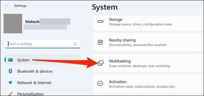 Selecione "Multitarefa" nas configurações de "Sistema" no Windows 11.