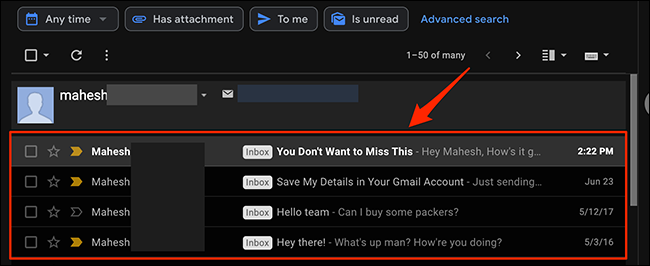 Emails classificados pelo remetente especificado no Gmail.