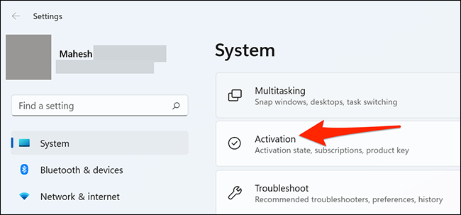 Selecione "Ativação" em Configurações no Windows 11.
