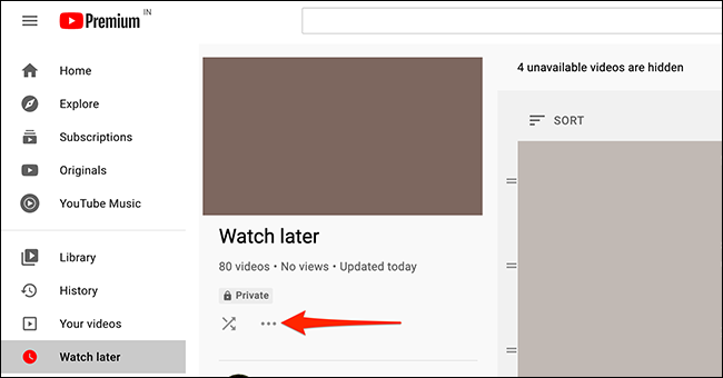 Clique no menu de três pontos na página "Assistir mais tarde" do YouTube.