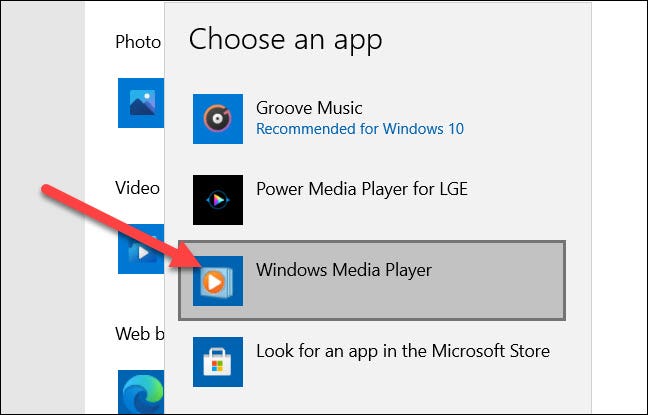 Escolha "Windows Media Player" na lista.