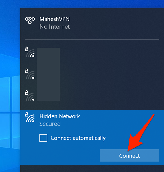 Clique em “Conectar” na seção “Rede Oculta” no Windows 10.