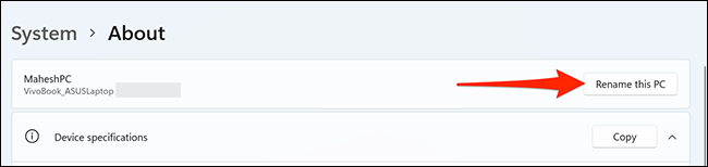 Selecione "Renomear este PC" na tela "Sobre" no aplicativo Configurações do Windows 11.