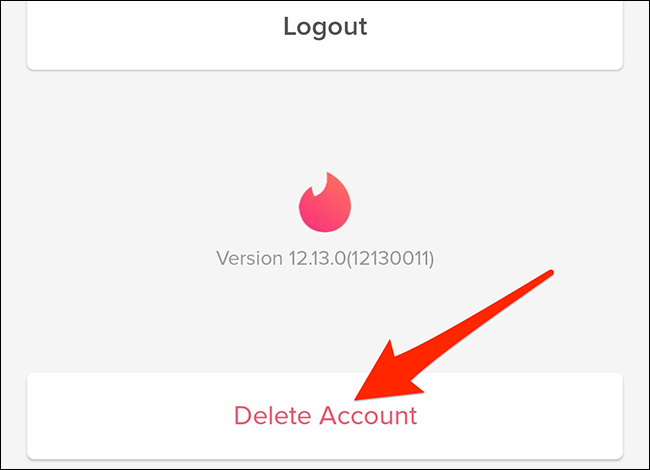 Toque em "Excluir conta" em "Configurações" no aplicativo Tinder.