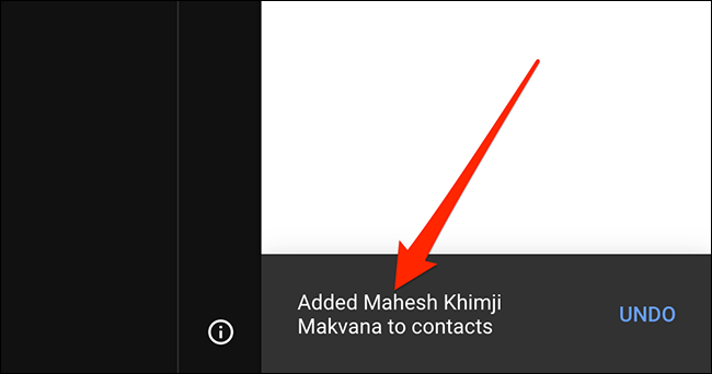 Mensagem "Adicionado aos Contatos" do Gmail.