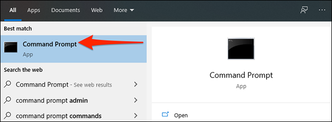 Selecione “Prompt de comando” no menu “Iniciar” no Windows 10.