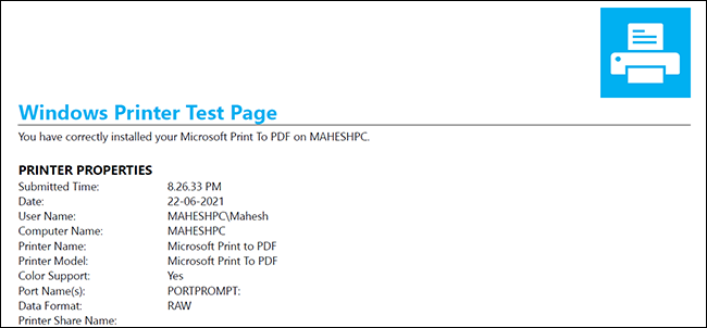 Página de teste do Windows 10 para impressoras.