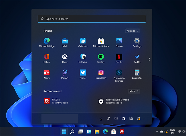 Menu Iniciar do Windows 11 com modo escuro ativado.