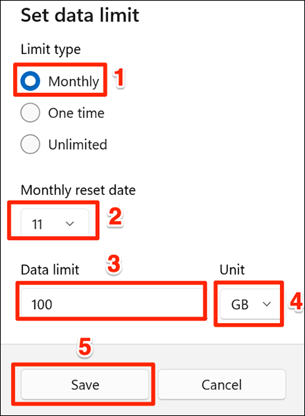 Selecione a opção de limite de dados "Mensal" em Configurações no Windows 11.