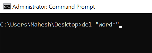 Use o comando "del" para excluir arquivos com certas palavras do prompt de comando.