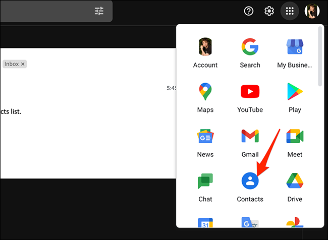 Selecione "Contatos" no menu "Google Apps" no Gmail.