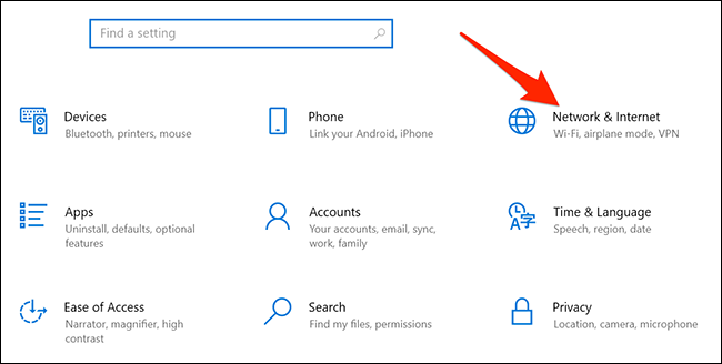 Selecione "Rede e Internet" em Configurações no Windows 10.