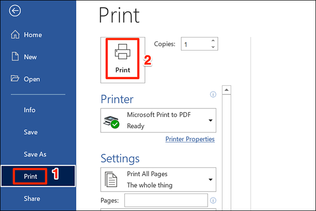 Selecione "Imprimir" para imprimir um documento do Word.