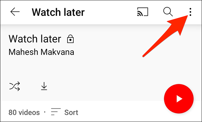 Toque nos três pontos na página "Assistir mais tarde" no aplicativo do YouTube.