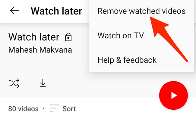 Selecione "Remover vídeos assistidos" no menu de três pontos na página "Assistir mais tarde" do aplicativo do YouTube.