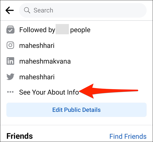 Toque em "Ver suas informações sobre" na página de perfil do aplicativo do Facebook.