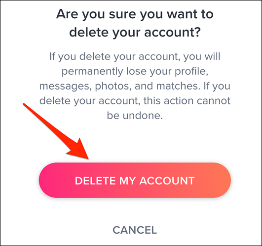 Selecione "Excluir minha conta" no prompt de exclusão de conta no site do Tinder.