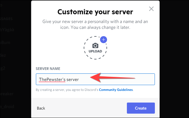 Adicione o nome do servidor, carregue a foto do servidor (opcional) e clique em "Criar".