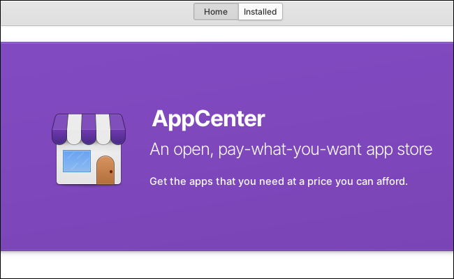 O banner do AppCenter apresentando uma vitrine de desenho animado com um fundo roxo.