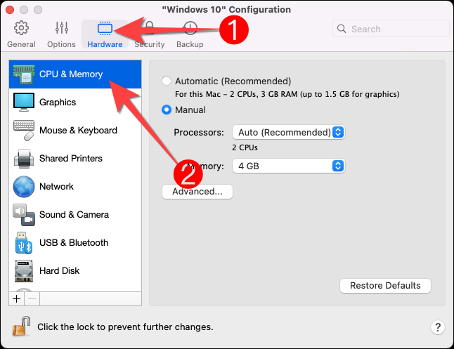 Atribua manualmente pelo menos 4 GB de RAM para "CPU e memória" na seção "Hardware".