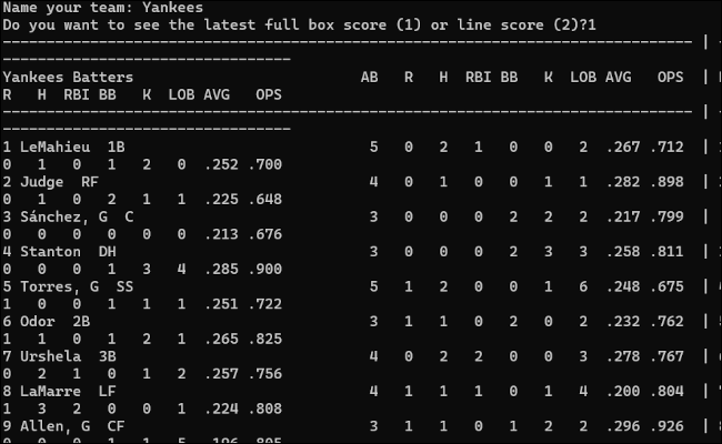 Uma janela de terminal mostrando uma tabela de pontuação de uma caixa de beisebol