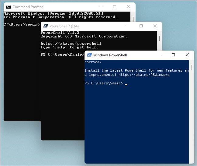 Prompt de comando, PowerShell e Windows PowerShell abrem em janelas separadas.