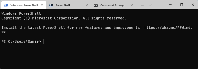 CMD, PowerShell e Windows PowerShell são abertos em uma interface com guias usando o Terminal do Windows. 