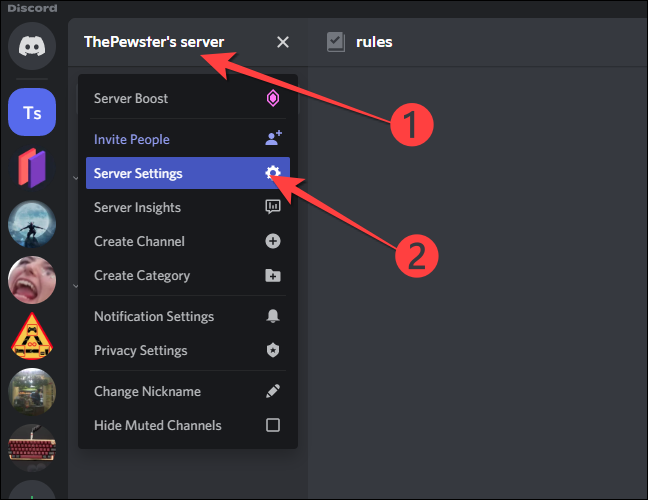Selecione o nome do servidor e escolha "Configurações do servidor" no menu suspenso.