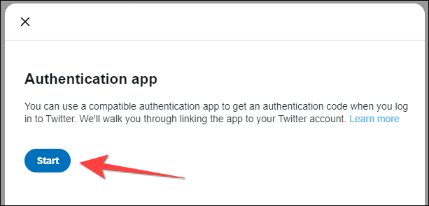 Clique no botão "Iniciar" na janela pop-up do aplicativo de autenticação.