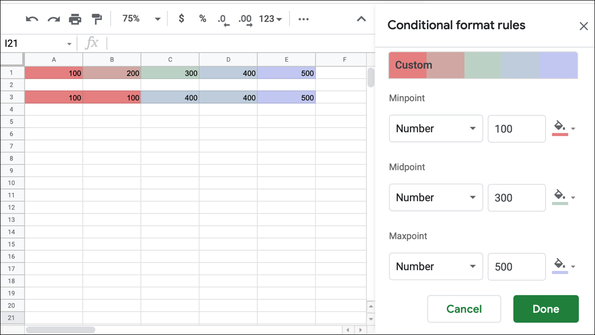 Formatação condicional de escala de cores no Planilhas Google