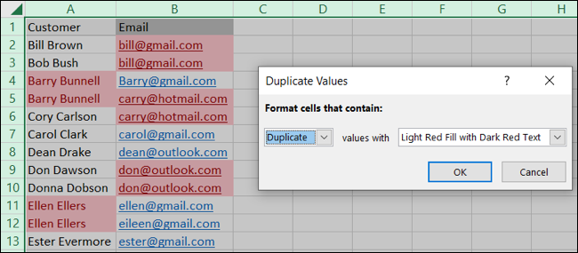 Padrões de formatação condicional para duplicatas