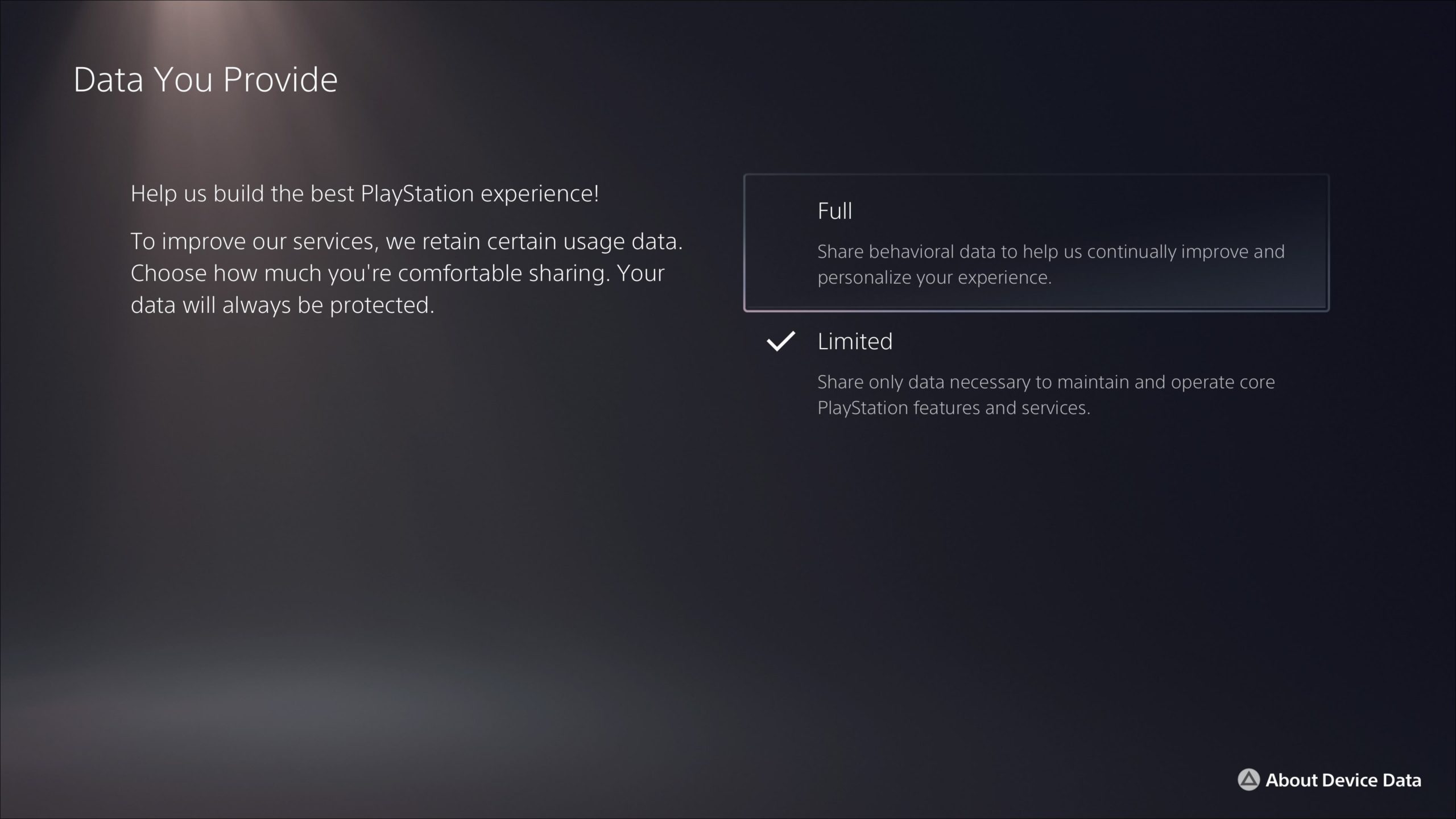 Configurações de privacidade do PS5 "Dados fornecidos por você"