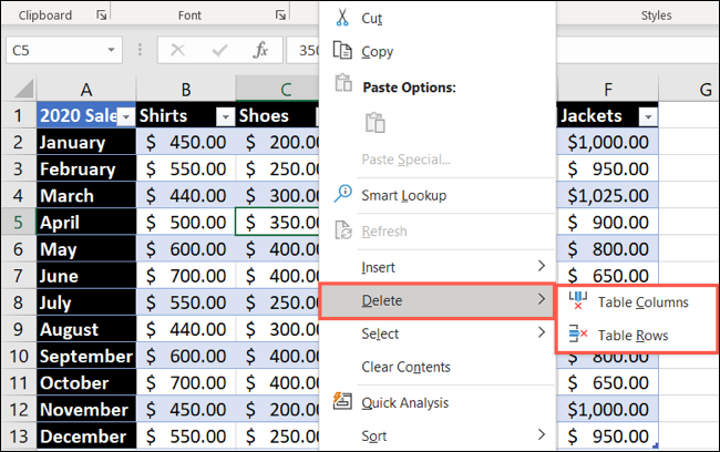Clique com o botão direito, selecione Excluir e escolha a coluna ou linha